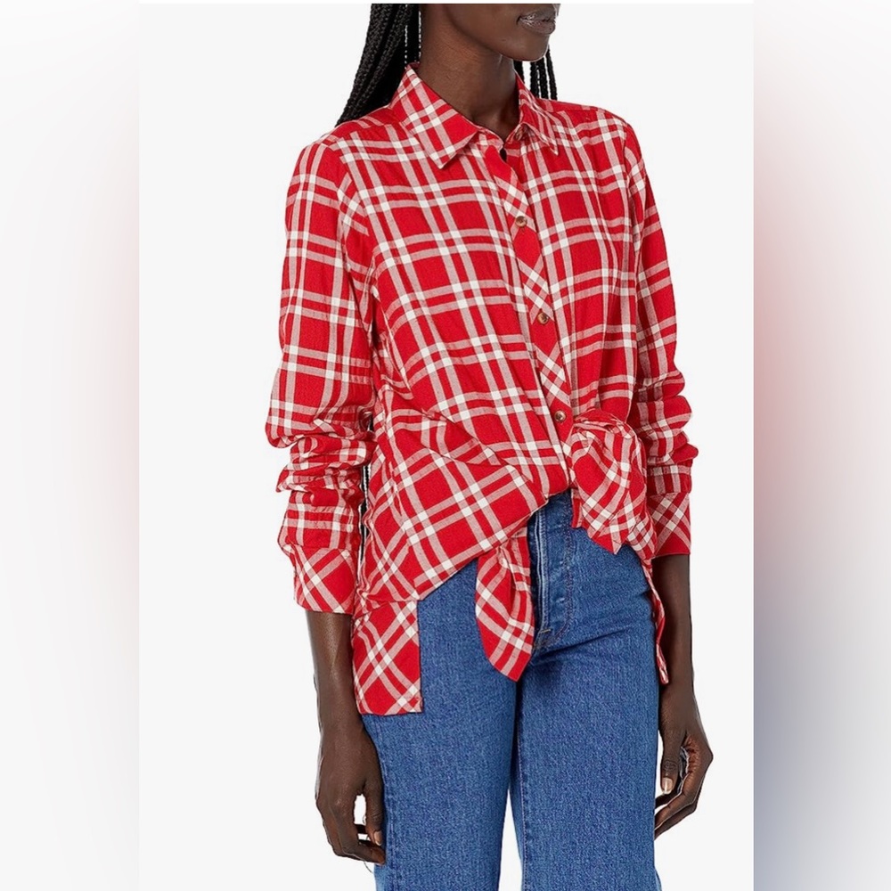 Foxcroft Women's Santino Long Sleeve Pucker Plaid Blouse, Scarlet Flame
